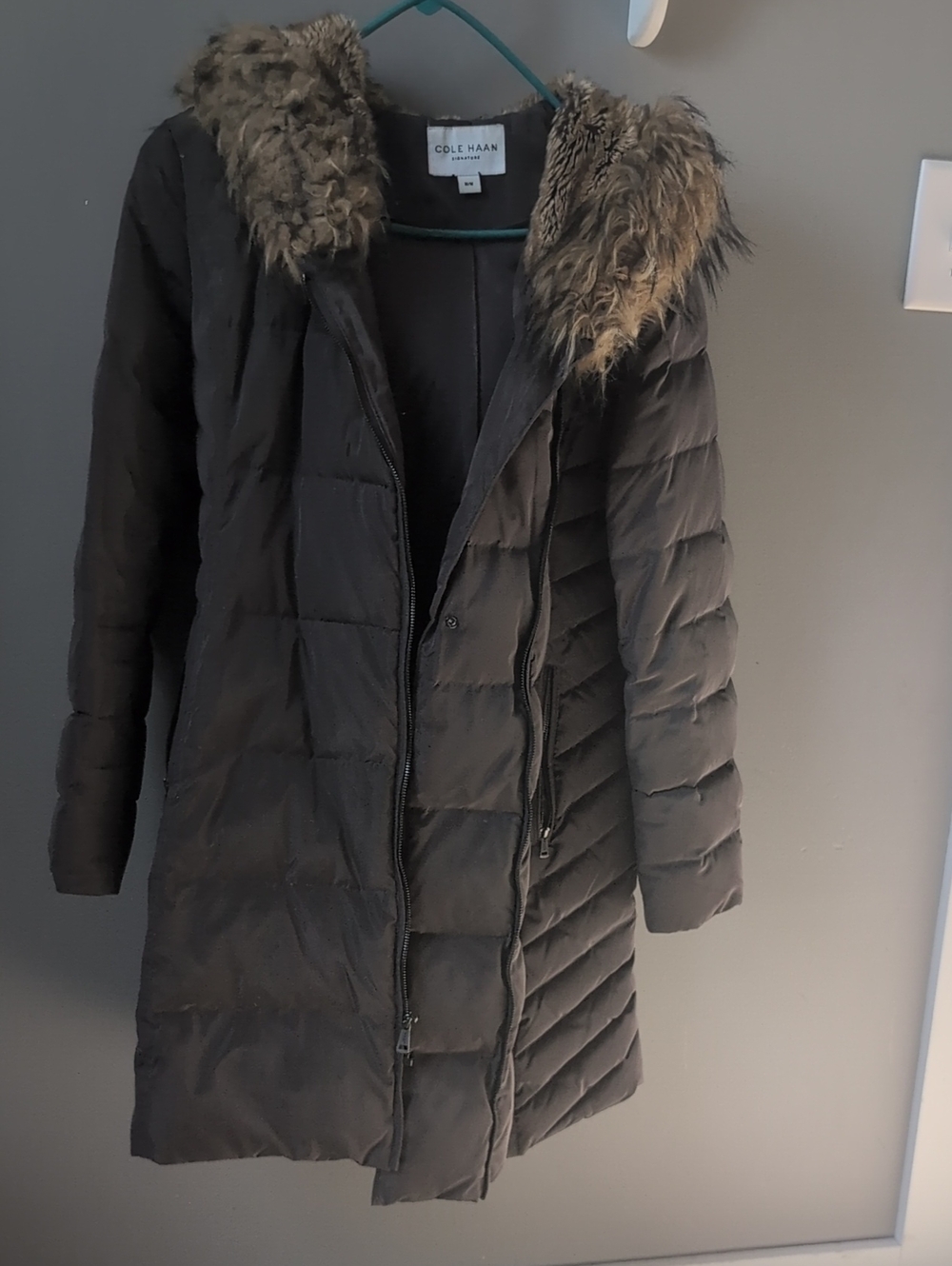 Cole Haan Black Quilted Long Puffer Coat with Faux Fur Trimmed Hood